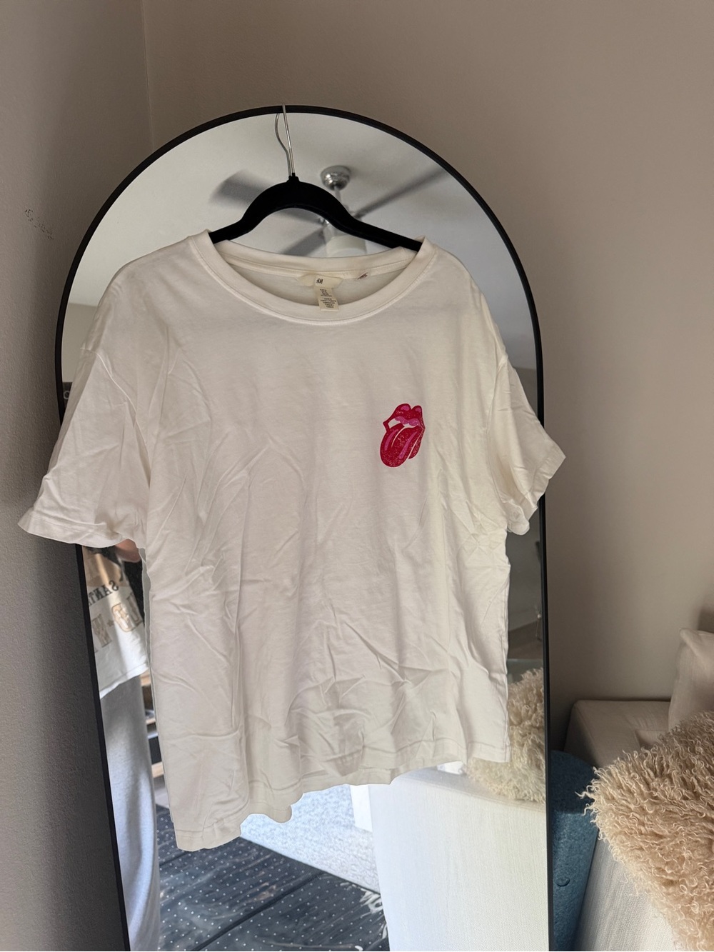 Women's White Rolling Stones Graphic Tee with Pink Tongue Patch